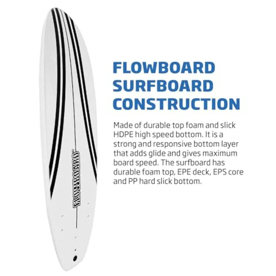 7' FLOWBOARD Softboard Foam Surfboard with 3 Fins 6' Foot Leash and 2 Wood Stringers Inside Board for and Adults Beginner Inter