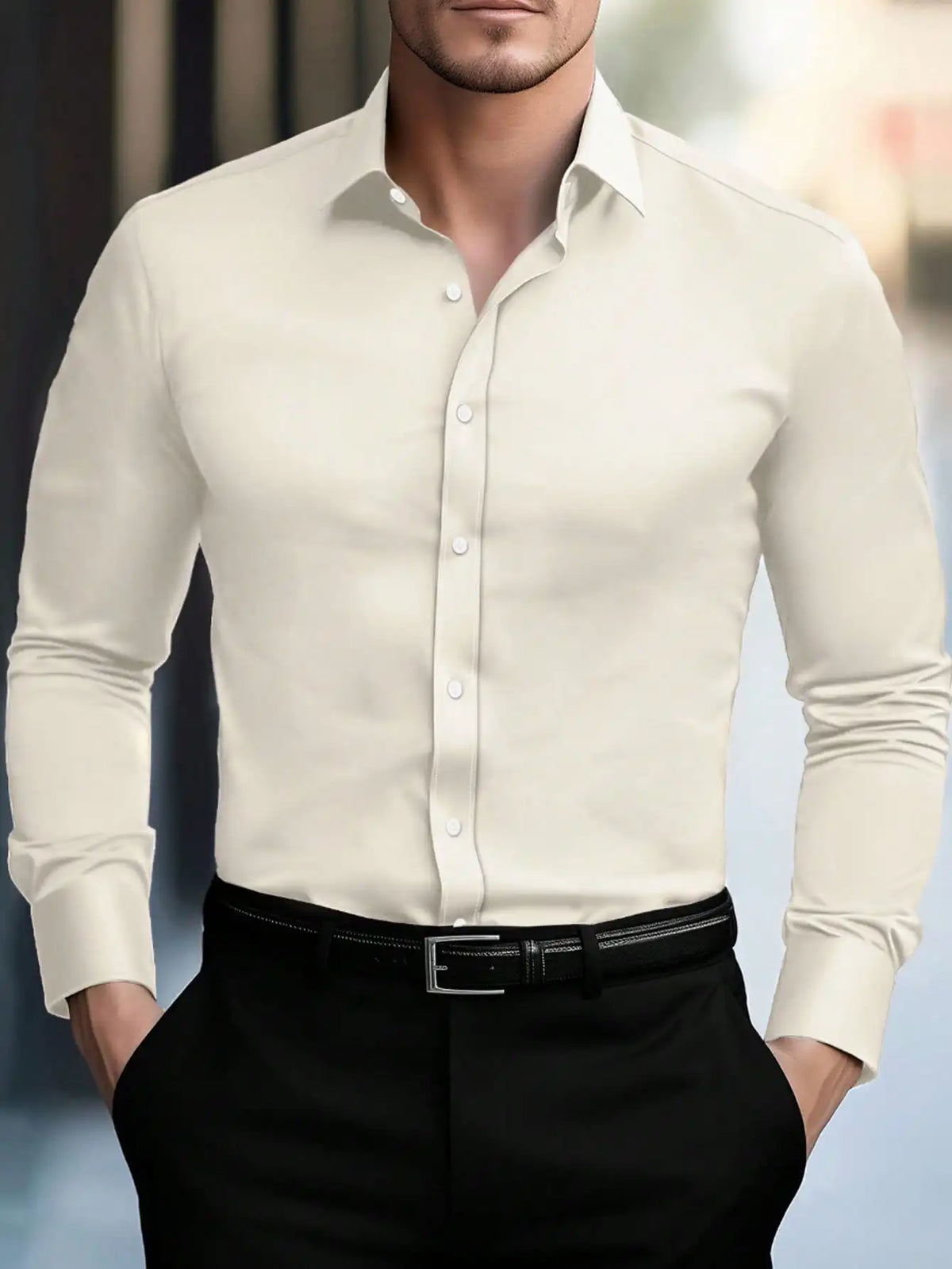 Men's Solid Cream Slim Fit Long Sleeve Button-Down Shirt for Business Casual Wear