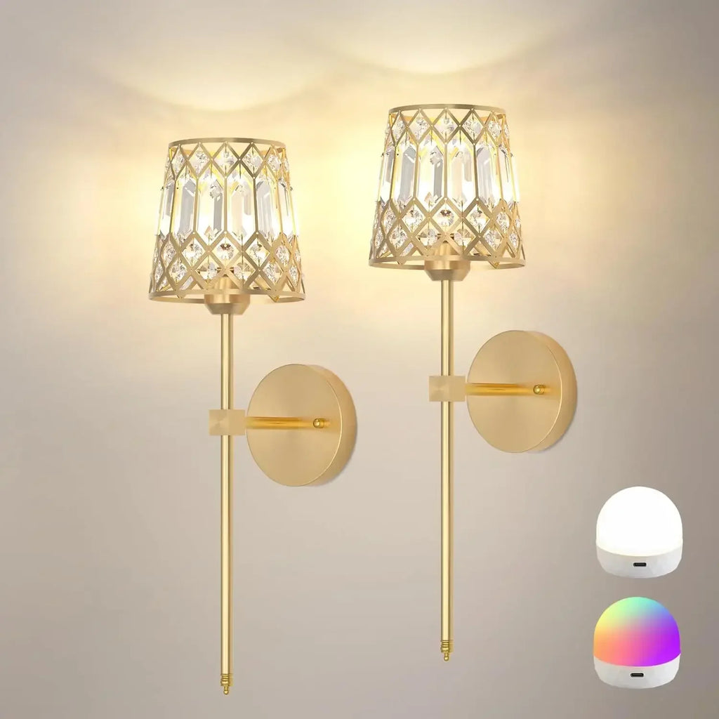 Gold Battery Operated Wall Sconces Set of 2, Crystal Rechargeable Wireless Wall Sconce Light Fixtures for Home Decor, Dimmable 1