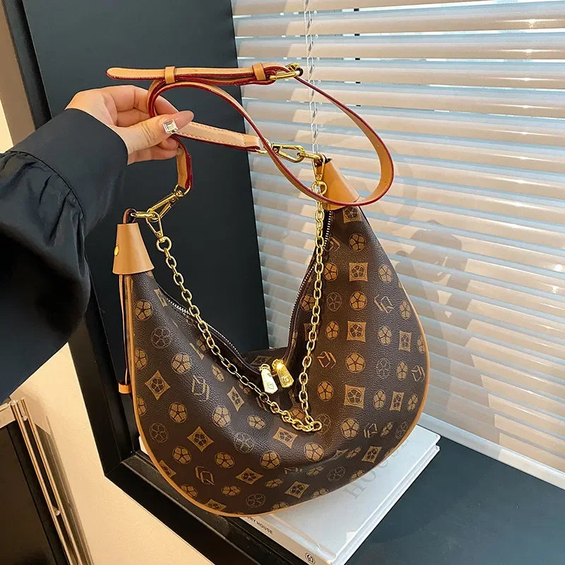 Free shipping Designer Patterned Hobo Bag with Chain Detail & Adjustable Strap Fashion Stylish Versatile Trendy Women's Handbag