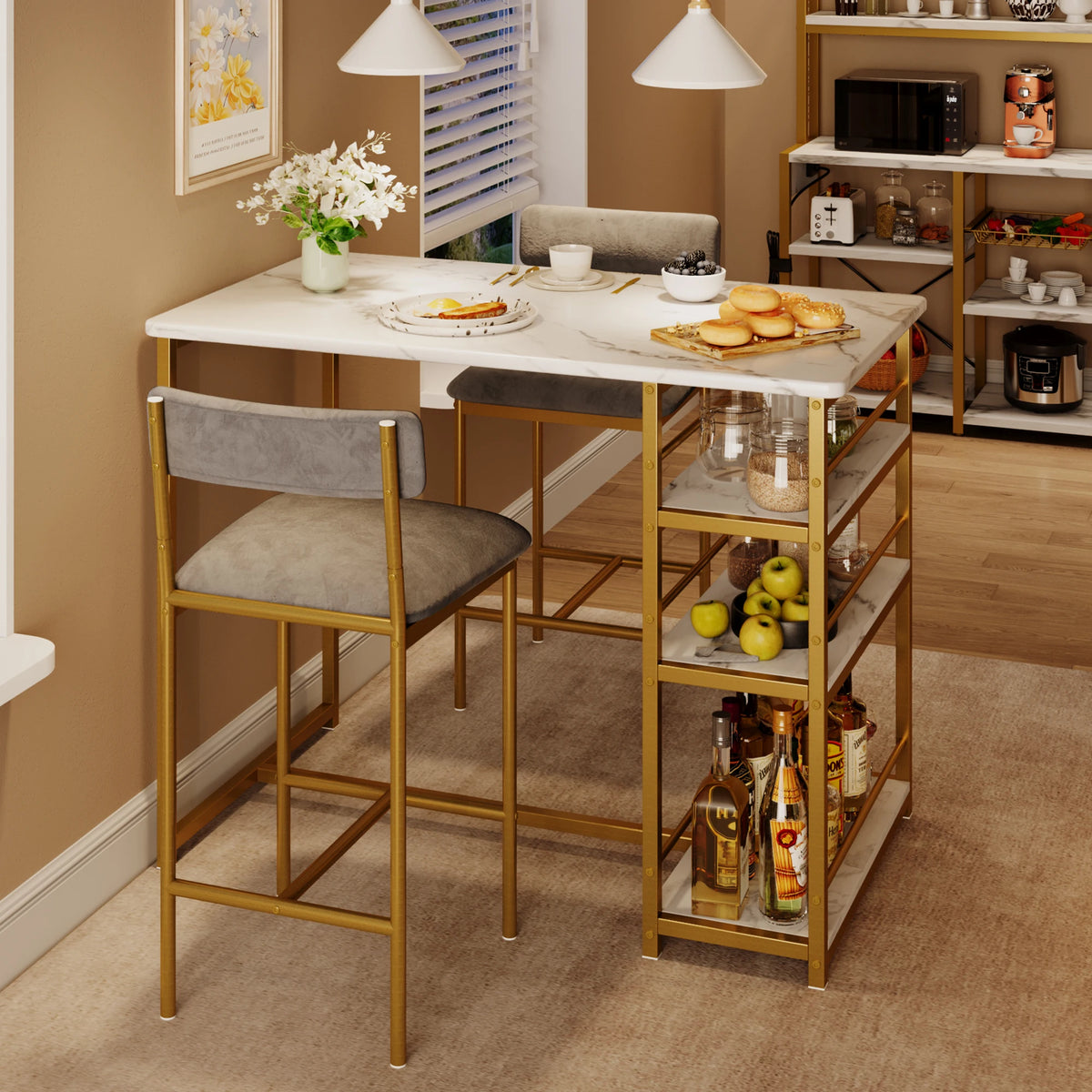 3 Pieces Dining Room Table Set for Small Space Apartment Counter Height Kitchen Table and Chairs Bar Stools Gold