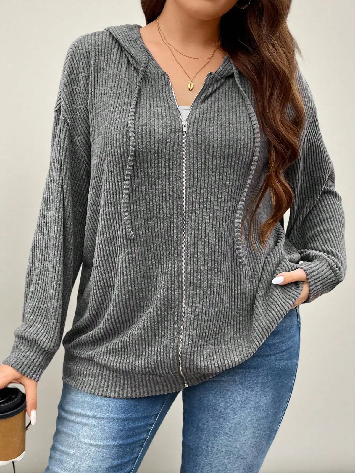 Gray Ribbed Drop Shoulder Zip-Up Hoodie with Drawstring for Spring Fall Casual Wear