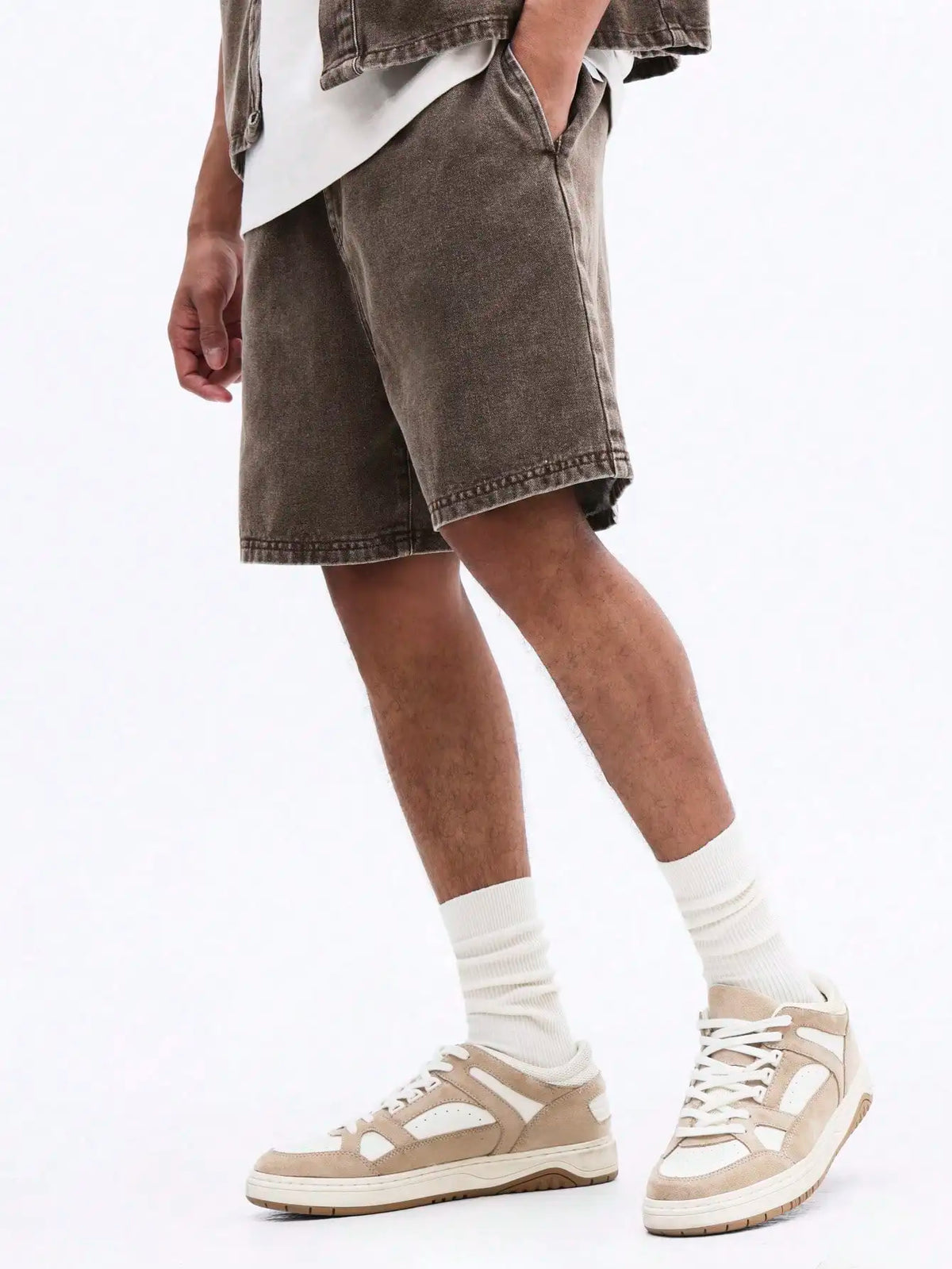 Oversized Denim Shorts Set Short Sleeve Button Up Vintage Washed Brown Taupe Relaxed Fit Summer Casual