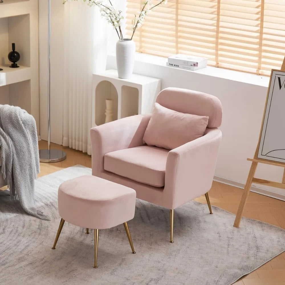 Accent Chair and Ottoman Set, Upholstered Flannelette Armchair for Living Room, Comfy Single Chair with Gold Feet & Footrest, In