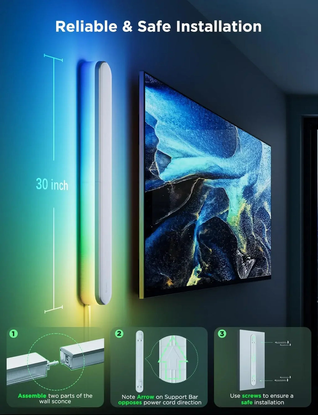 Wall Sconce, Smart RGBIC Wall Lights, Works with Matter & Alexa, Music Sync, Wall Mount Light Plug in, Color Changing, Modern Ro