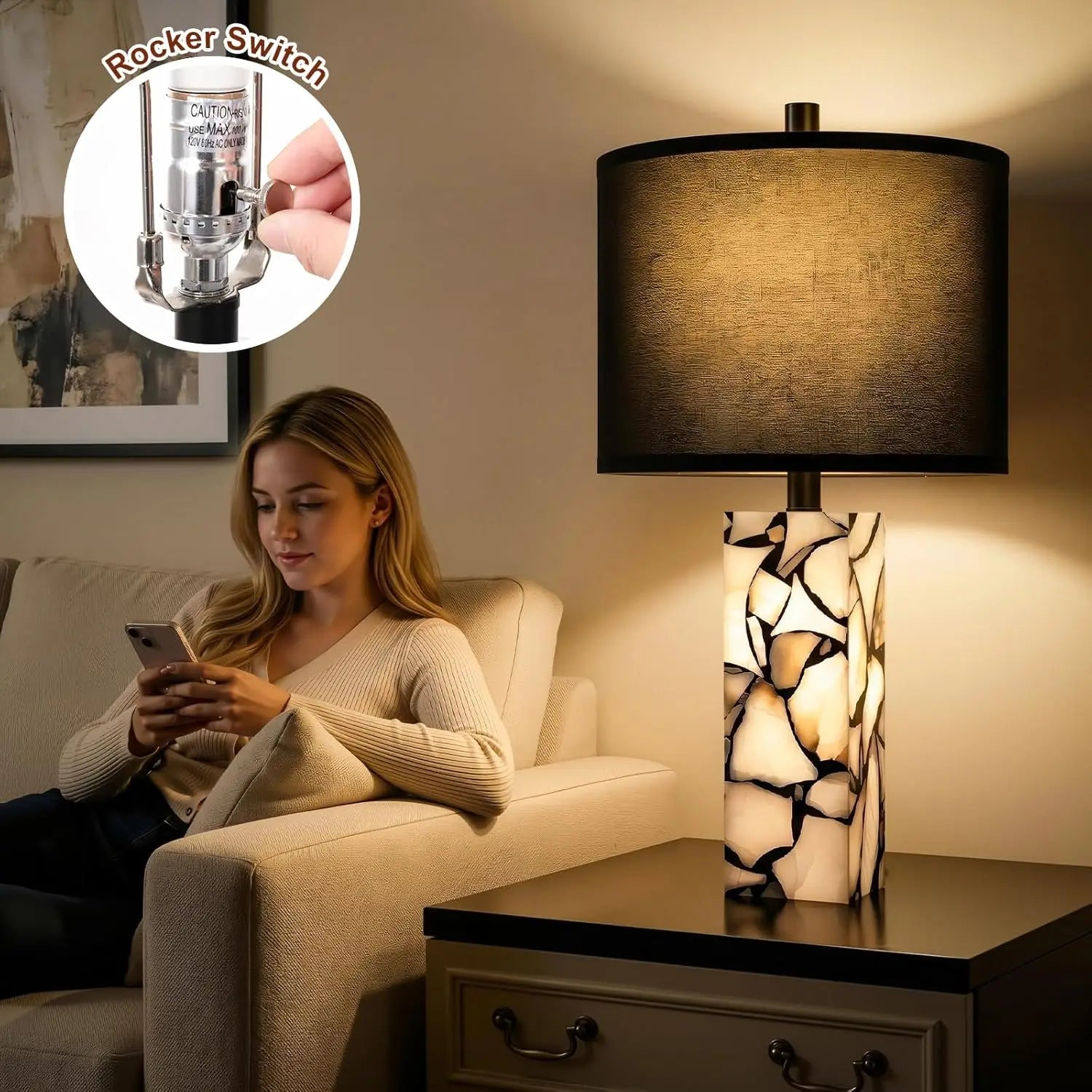 Modern Black Table Lamp Set of 2 with Night Light, Rotary Switch, Linen Shade for Living Room Bedroom Office (Bulb Included)