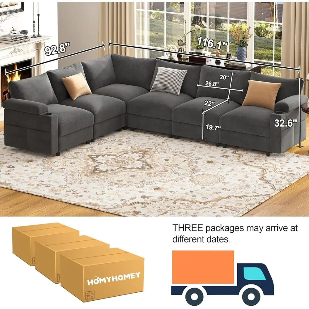 Velvet Grey V-Shaped 6-Seat Sectional Couch with Oversized Cloud-Shaped Sleeper Sofa and Detachable Chaise