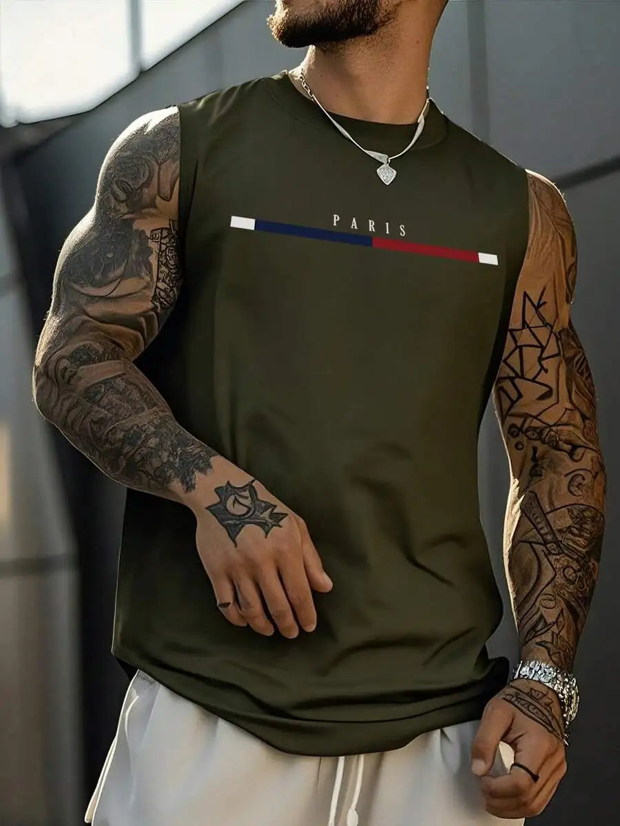 Men's Black Sleeveless Tank Top with Minimalist Color Bar Graphic
