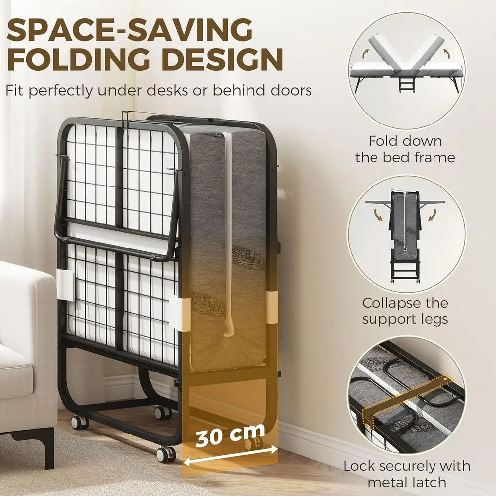 Portable Folding Bed with 5 Memory Foam Mattress, Adult Size, Space-Saving Steel Frame, 79 x 31, Roll Away, White.