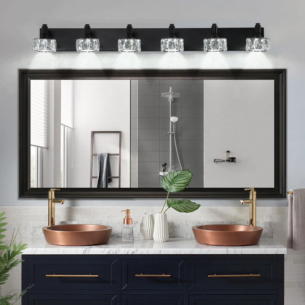 Modern LED Vanity Light 6-Light Matte Black Fixture with Crystal Glass Shades, Bathroom Wall Sconce for  Contemporary Home Decor