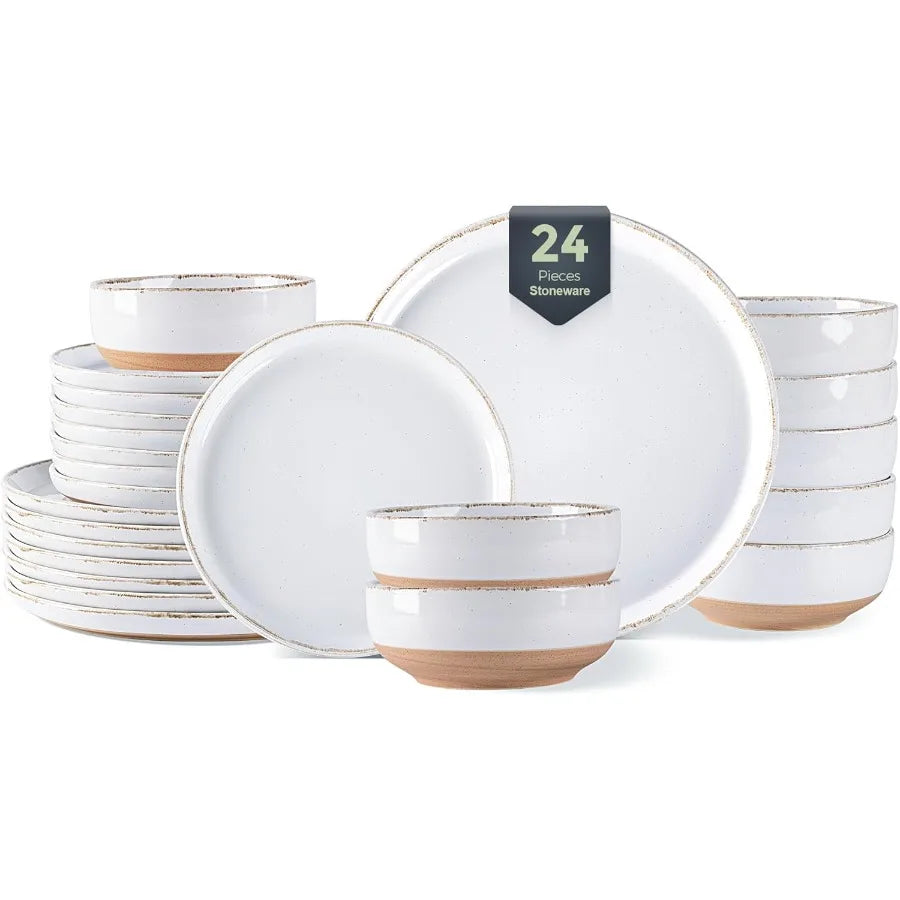 24 Pieces Ceramic Dinnerware Sets for 8 Handpainted Stoneware Plates and Bowls Set with Rustic Terracotta Underside Scratch Res