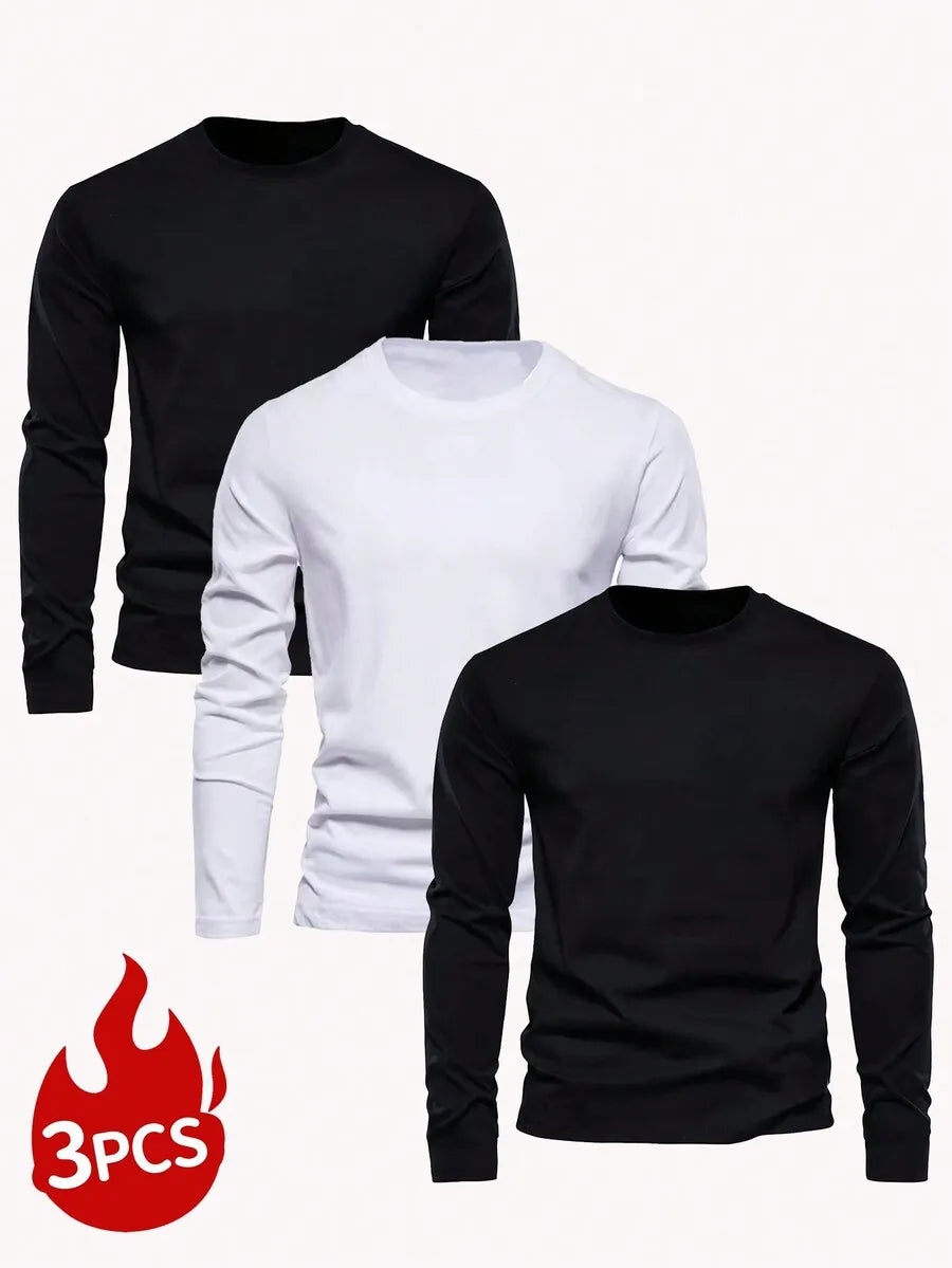 3-Pack Men's Solid Color Round Neck Slim Fit Long Sleeve T-Shirts for Casual Daily Wear