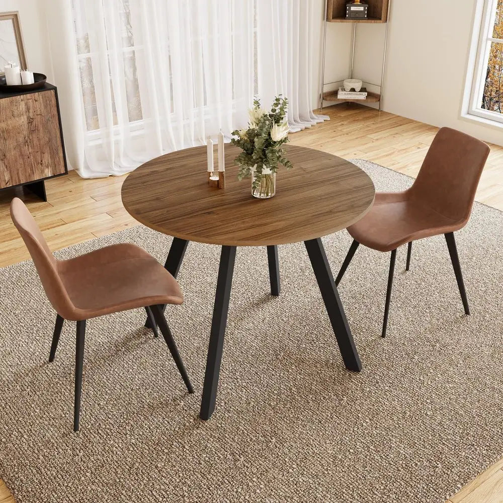 Dining Table and Chairs for 2, Mid Century Modern Round Table Set, Space Saving for Apartment Kitchen Dining Room Walnut Table2