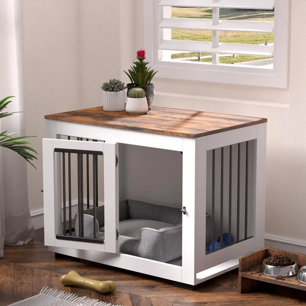 Medium Dog Crate with Farmhouse Table Top and Steel Bars for Puppies up to 40 lbs - Decorative Kennel Furniture for Home