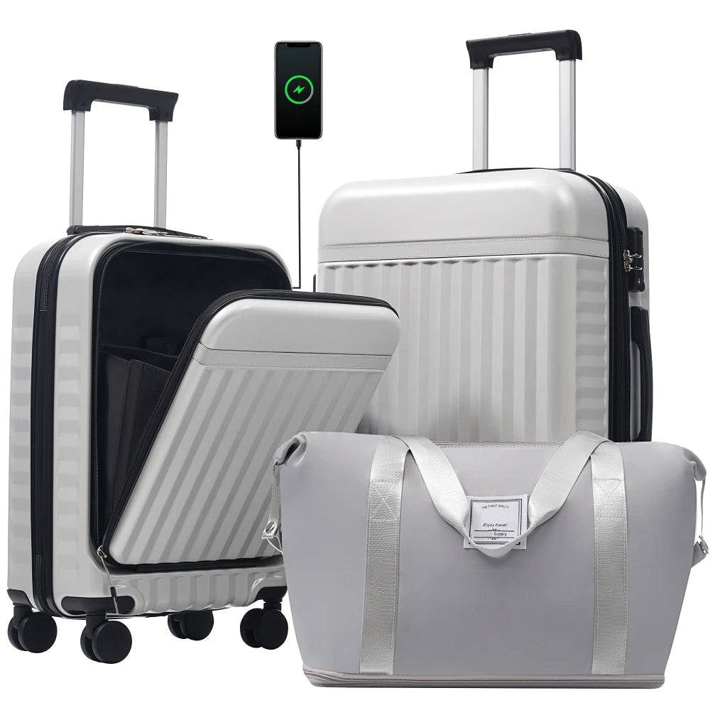 3PCS Front Opening Hardside Expandable Luggage Set Carry on Suitcase USB Port TSA Lock Spinner Wheels & Handle Bag