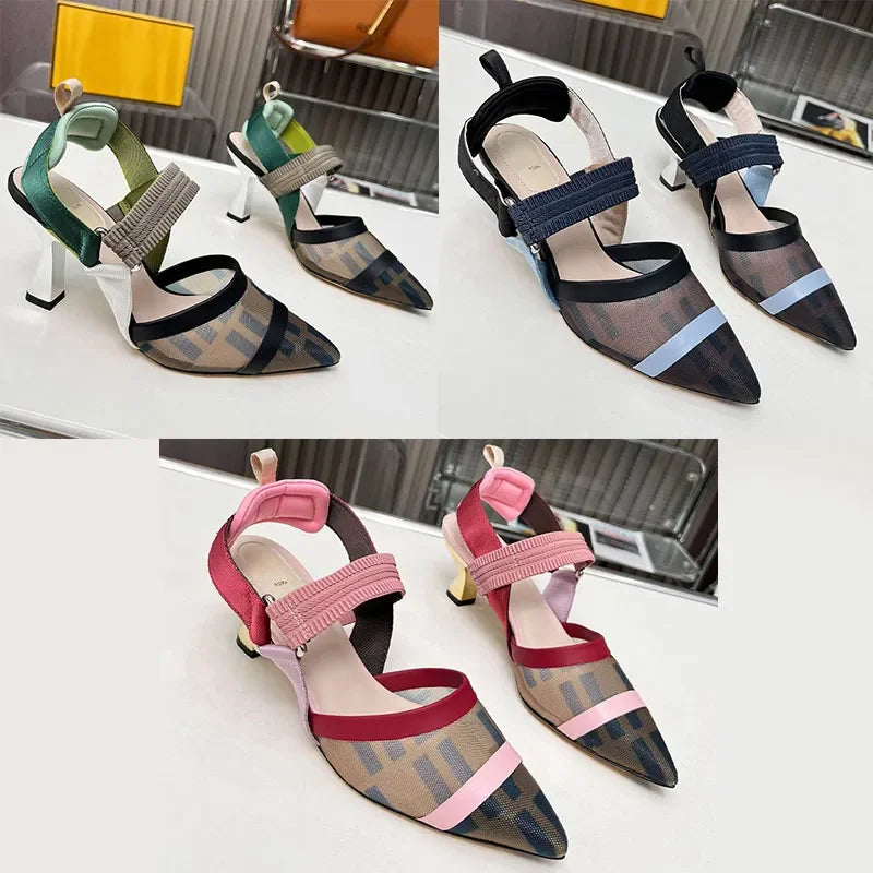 Mesh Fabric Slingbacks Women Designer Pumps Flat Sandals Colorful Hollow Out Women Slingback Metal High Heels Shoes Dress Shoes