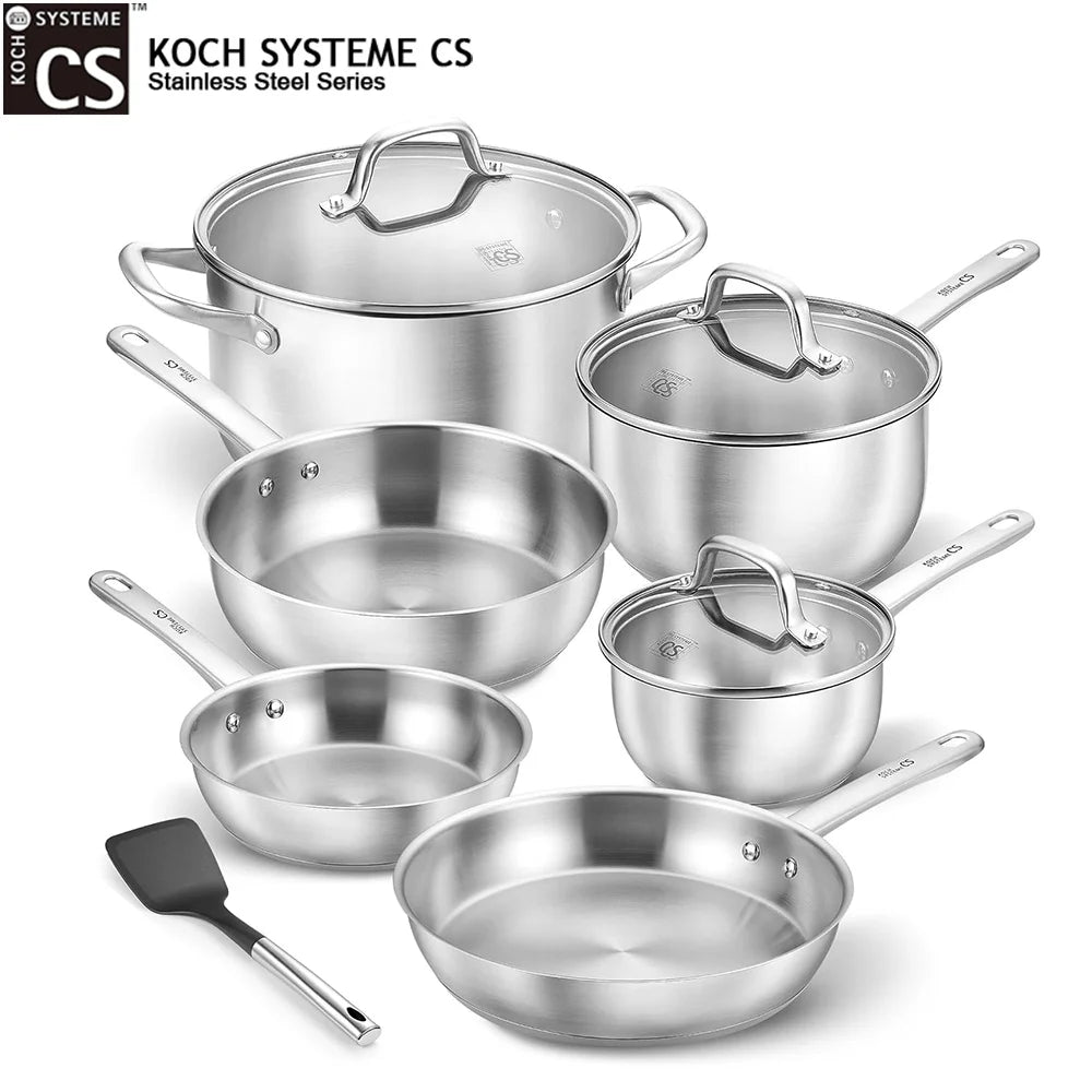 KOCH SYSTEME CS Stainless Steel Pots and Pans Set 10Pcs Non-stick Frying pan Soup pot Mlik Pot Cookware Set Induction Compatible