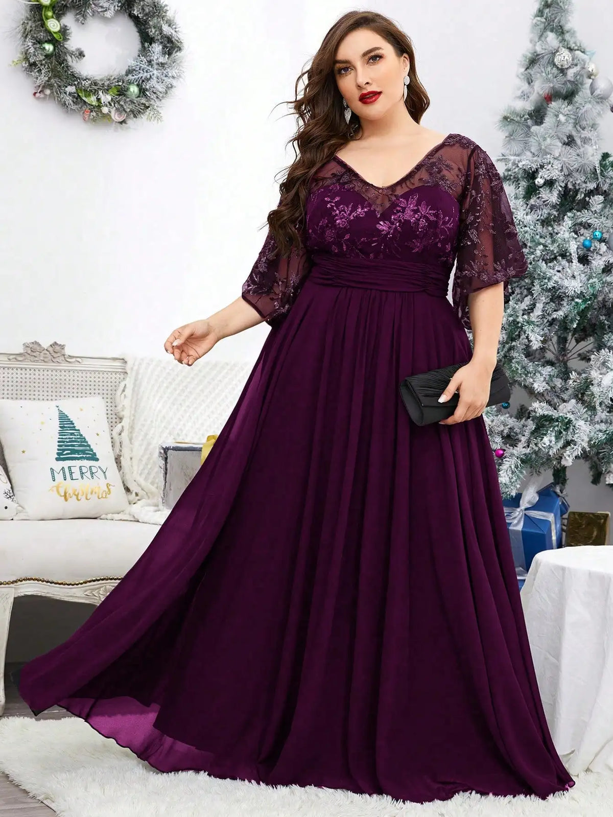 Plus Size Women V-Neck Sequin Embroidery Sheer Flare Sleeve Chiffon Maxi Dress Formal Evening Party Gown