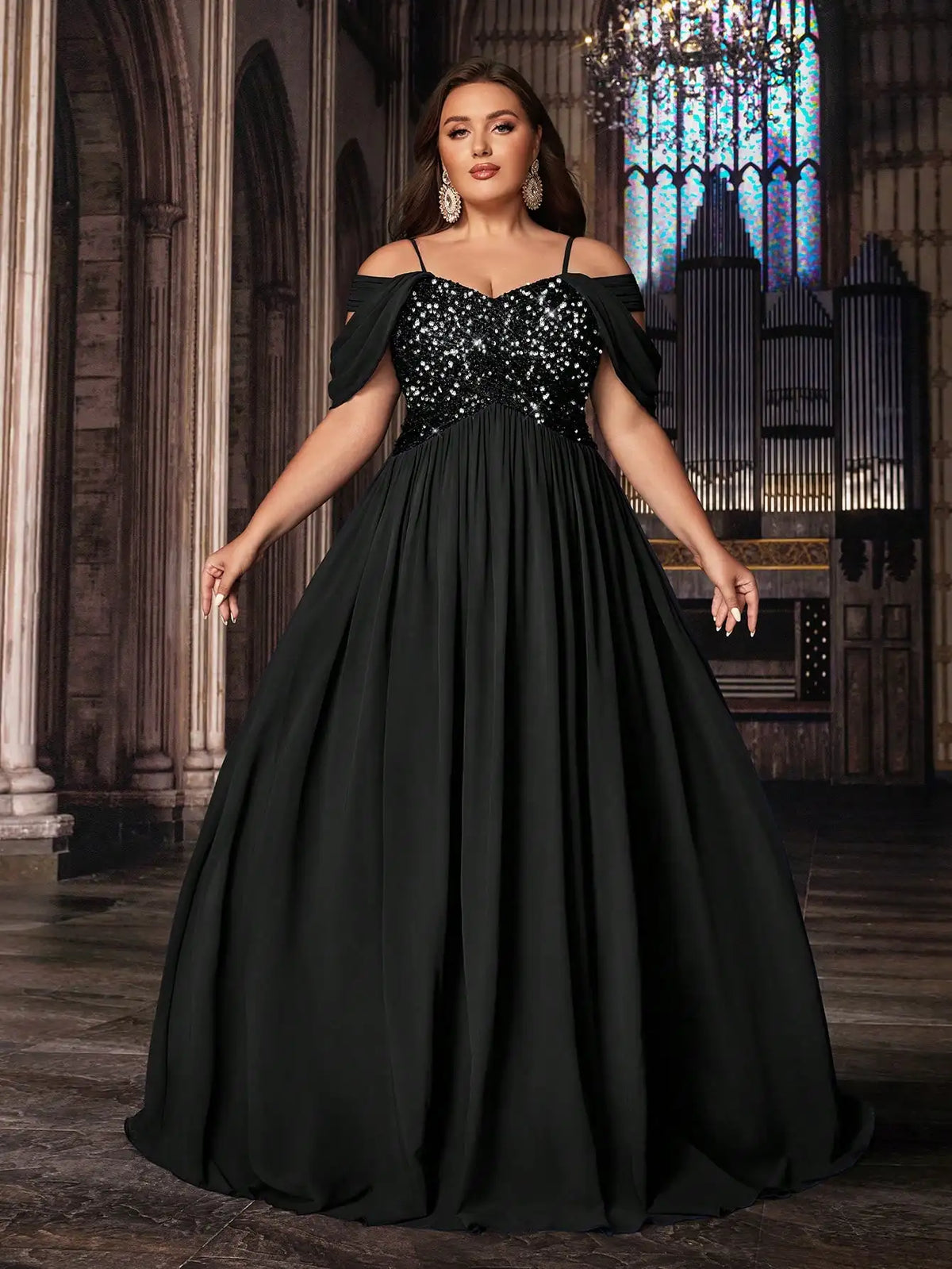 Navy Blue Plus Size Formal Evening Gown With Sequins Off Shoulder Floor Length