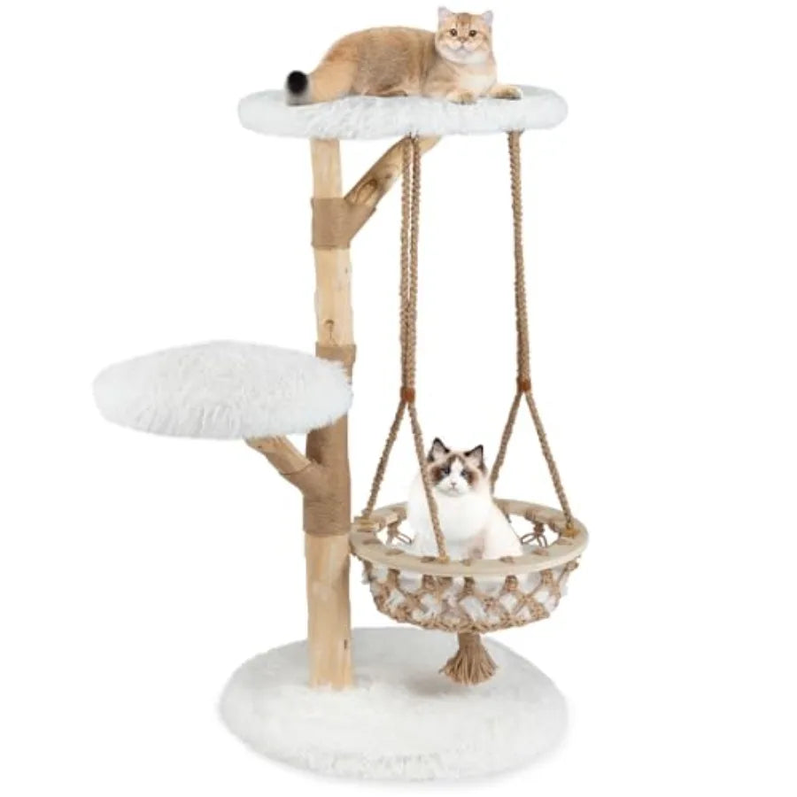 48.5 Inches Wood Cat Tree Multi-Level White Modern Cat Tree with Hanging Basket Solid Natural Peer Wood Post Wrapped with Jute