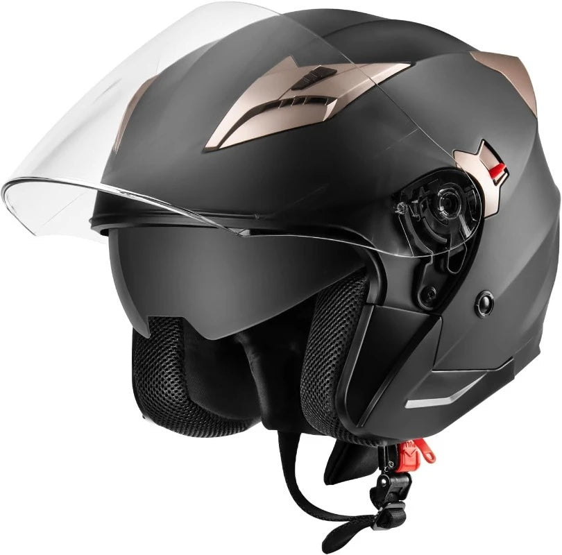 DOT Approved Open Face 3/4 Motorcycle Helmet Dual Visor Quick Release for Adults Men Women Moped Scooter Street Riding