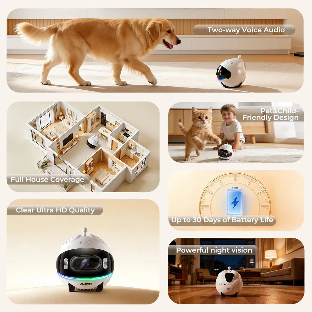 1080P Dual Lens Indoor Movable Security Camera with Night Vision, 2-Way Talk, App Control for Pets/Baby/Elderly