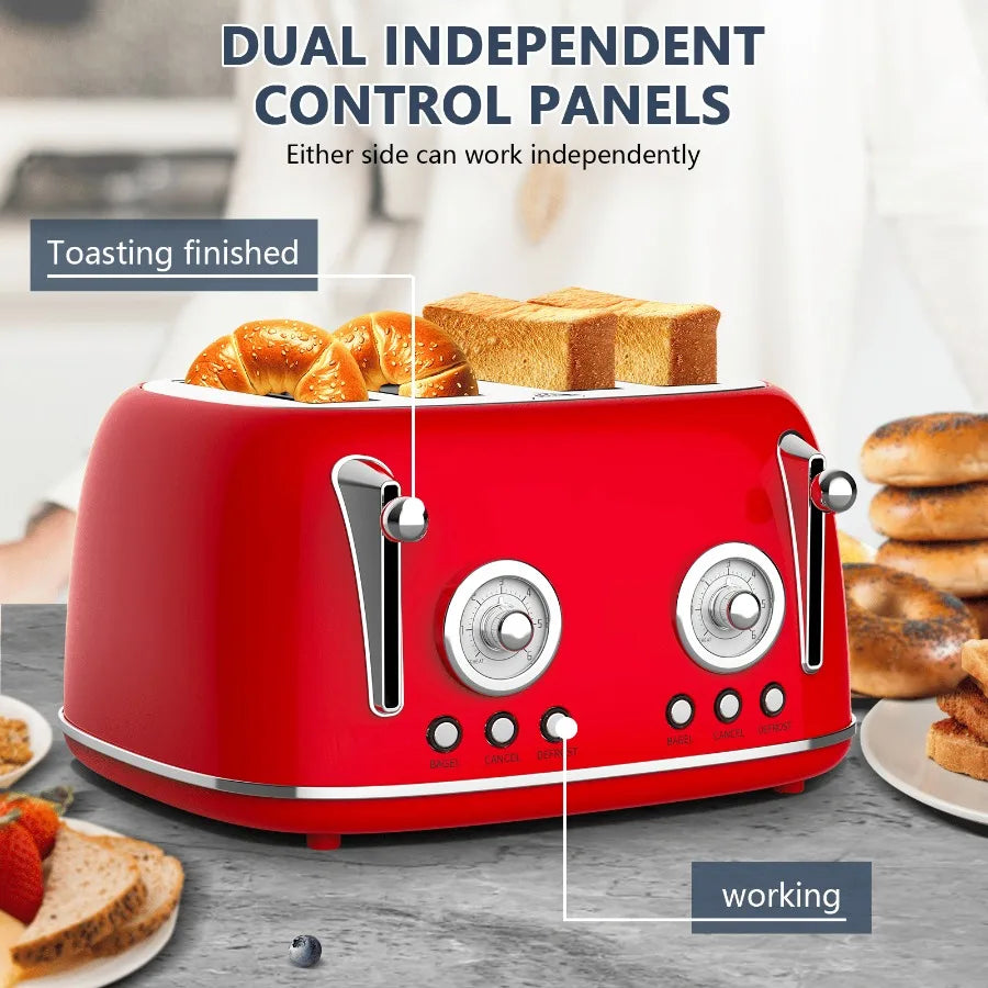 4-piece vintage-style red toaster with dual-control oven 4×1.5-inch slots anti-clogging design 6-batch temperature adjustment d