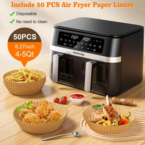 12QT Dual Basket Air Fryer with Viewing Window, Digital Touchscreen, and 50 Paper Liners for Oil-Free Cooking