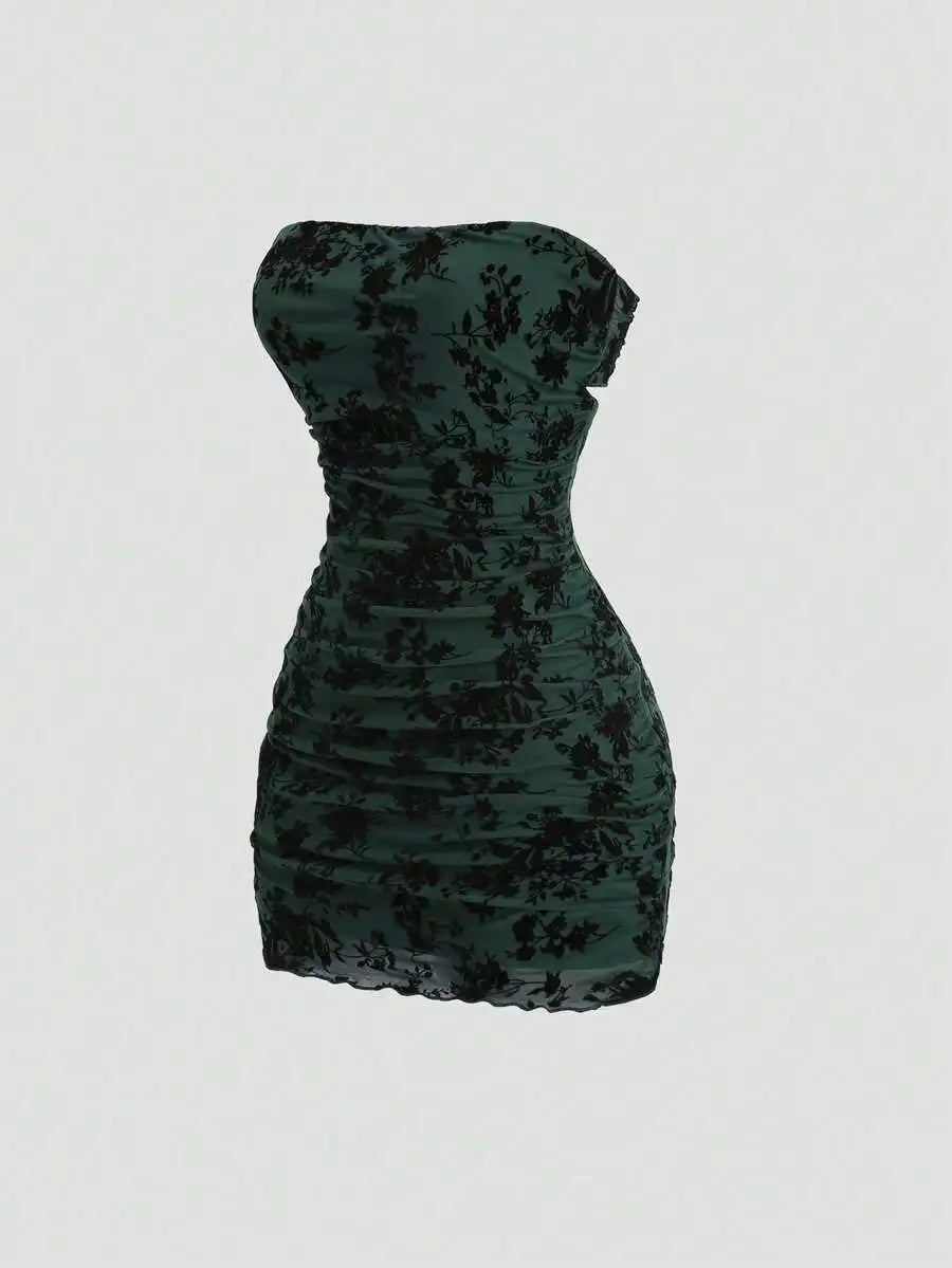 Black Velvet Floral Print Strapless Ruched Mini Dress for Women