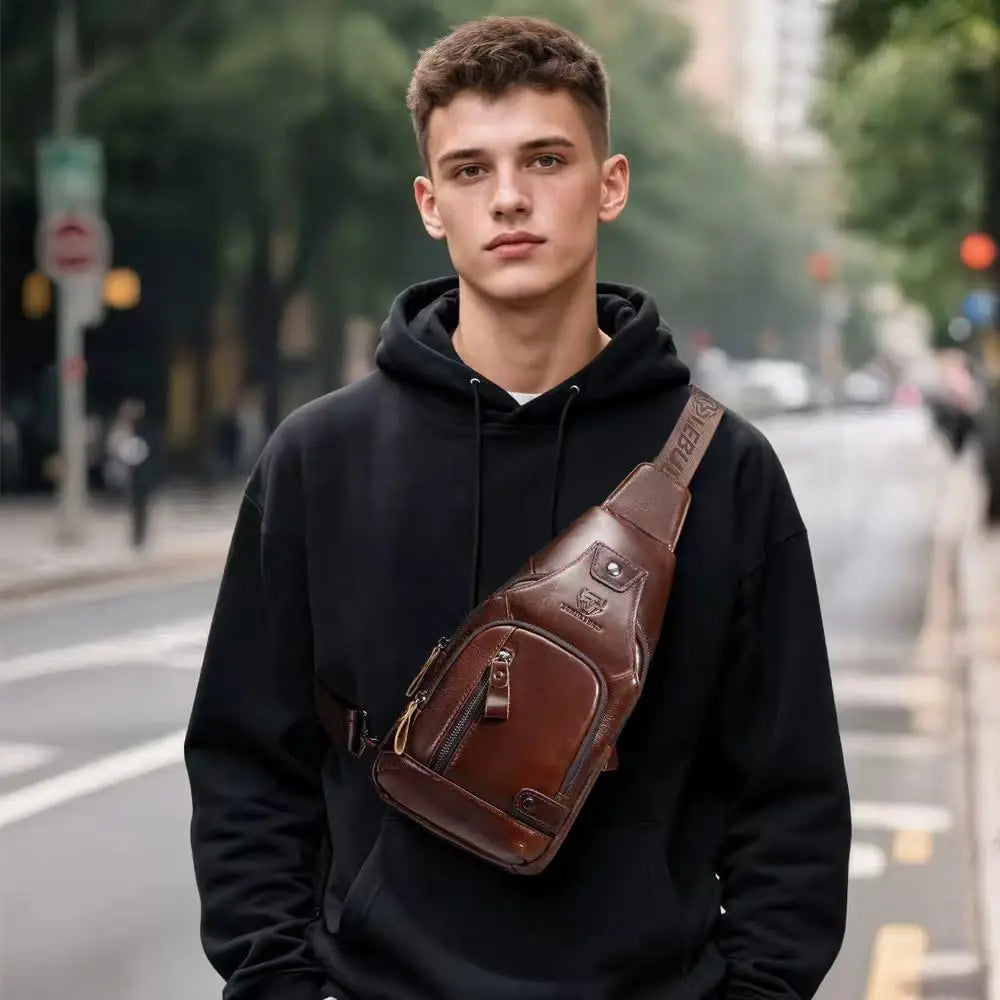 Sling Bag for Men Genuine Leather Chest Bag Crossbody Backpack Travel Hiking Outdoor Sports