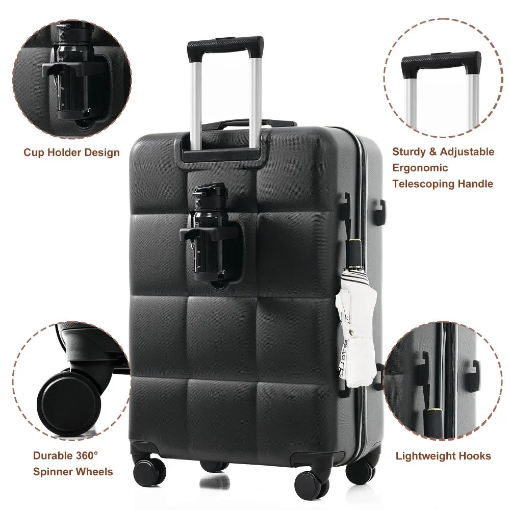 3 Piece Airline Certified Carry-on Luggage Set Cup Holder ABS Hard Shell Spinner Wheels Black Travel Suitcase