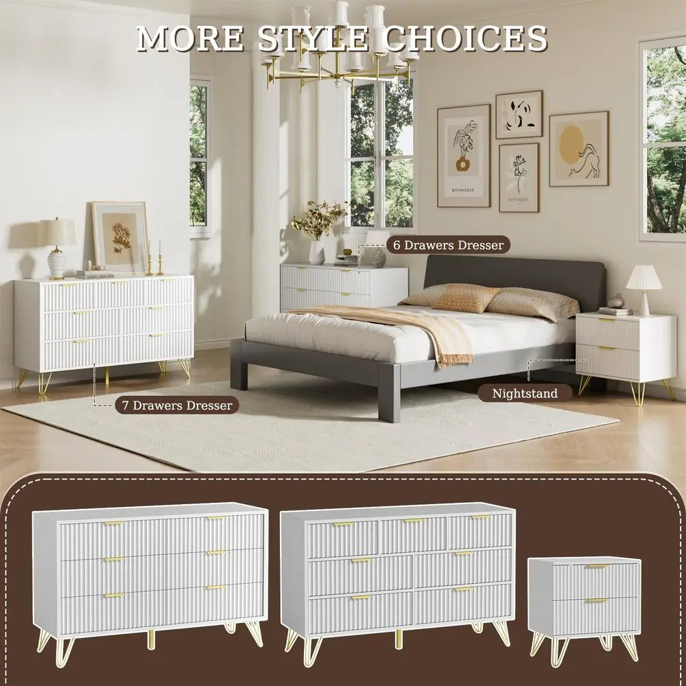 Fluted Dresser for Bedroom, White 7 Drawer Dresser with Gold Handles and Wide Drawers, Wood Chest of Drawers for Bedroom, Hallwa