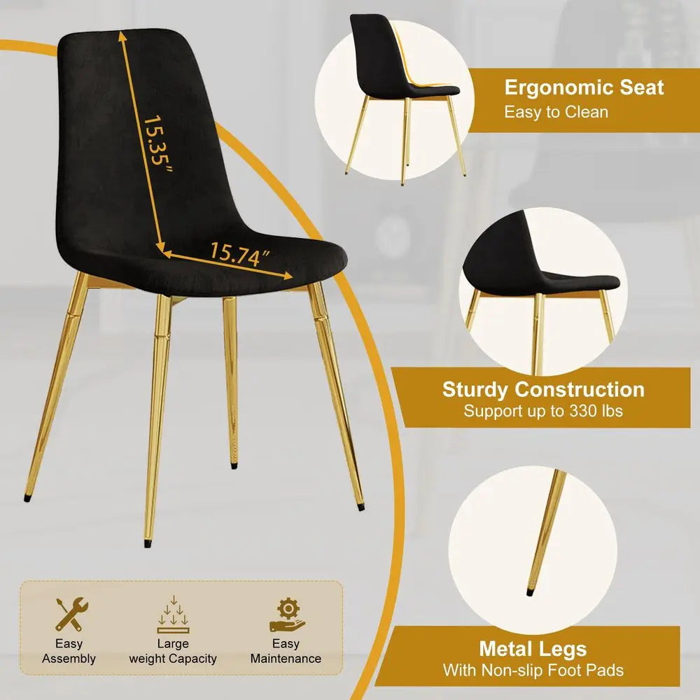 Dining Table Set for 4, 5Piece Round Gold Kitchen Table Set with 4 Black Upholstered Chair, Tempered Glass Dining Room Table for