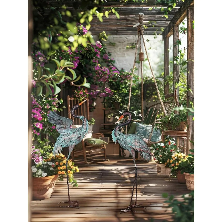 Garden Decor Outdoor Statues 38"/36" Large Metal Heron Standing Yard Art Blue Crane Lawn Sculptures Garden Decor for Outside Pa