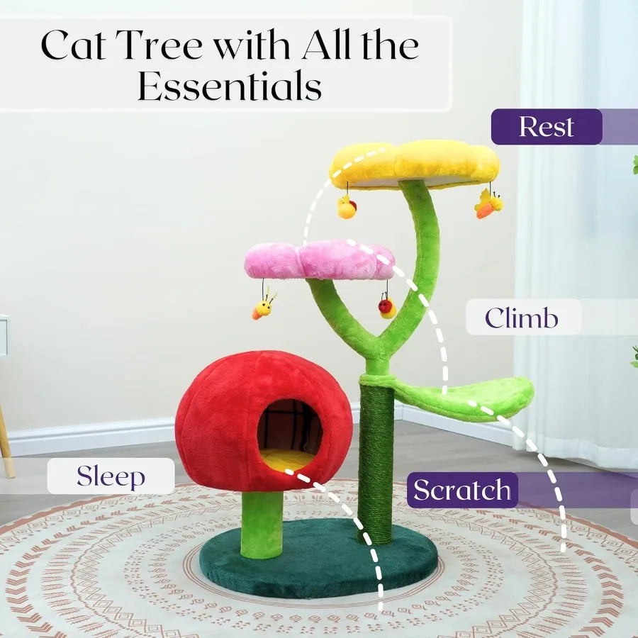 5-Level 40 Colorful Garden Style Cat Tree with Flower Perches Leaf Hammock Fruit Condo Natural Sisal Scratching Post Bee Toys P