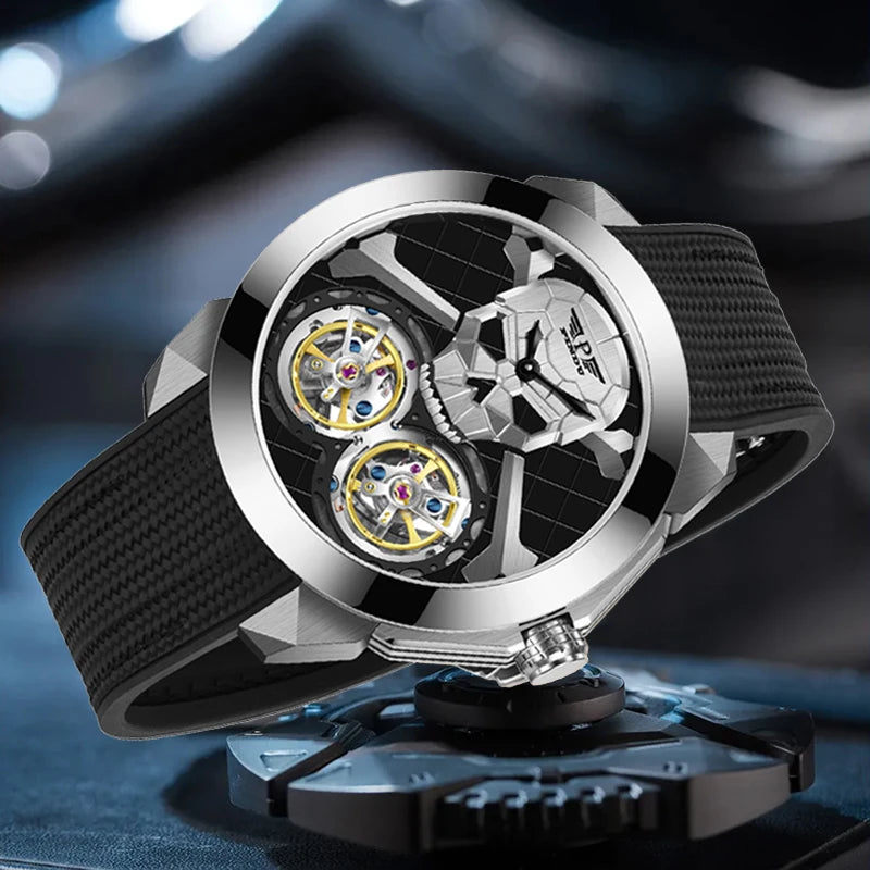 PINDU Punk Skull Double Flywheel Design Sapphire Man Watch Hollow Automatic Mechanical Waterproof Men's Automatic Wristwatch Men