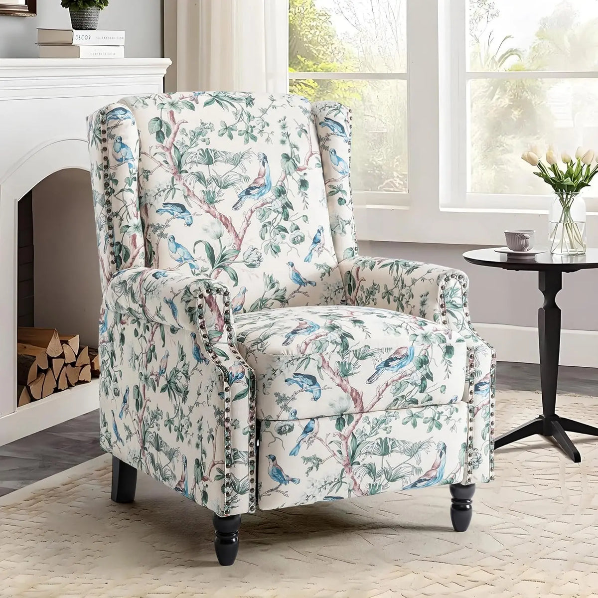 Pushback Floral Recliner Chair, Fabric Upholstered Armchair Push Back Accent Chair For Living Room, Rivet Trim Club, Customized