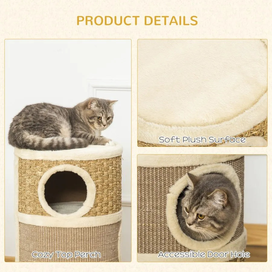 PawHut 28 Inch Cat Condo 3 Story Cat Hideaway with Sisal Scratching Pad Barrel Shaped Small Cat Tree for Indoor Cats Khaki and