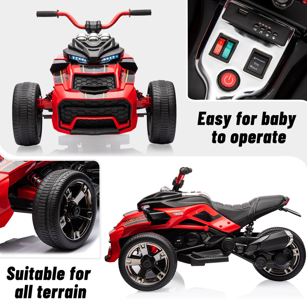 12V Kids Ride-on ATV 3-Wheel Electric Motorcycle Toy for Toddlers 3-8Y with Parent Remote Control,2x55W Motors,LED Lights,Music