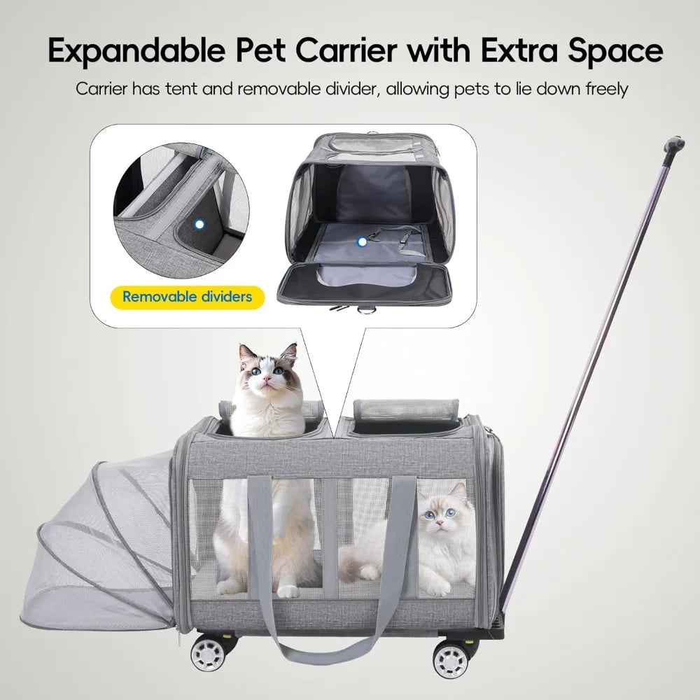 Expandable Pet Carrier with Wheels, Double Cat Dog Carrier 21x 17x 16 up to 40 Lbs, Rolling Pet Carrier for Cats and Dogs, Extra