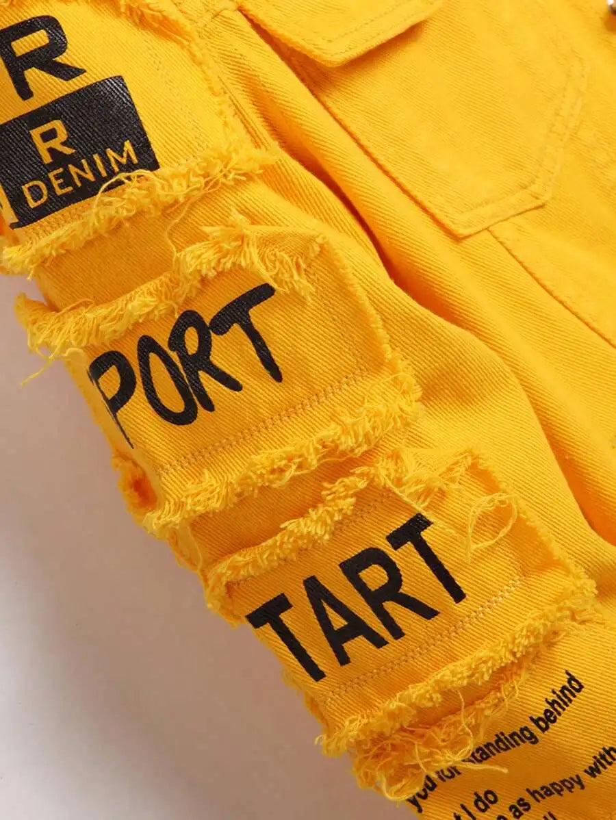 Men's Yellow Distressed Denim Jacket with Slogan Patches, Long Sleeve, Casual Fall Wear