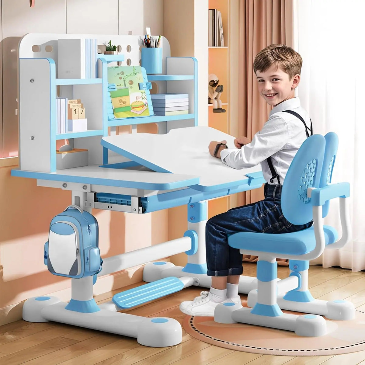 Height Adjustable Desk and Chair Set for Kids, Ergonomic Learning Desk with Tiltable Desktop Hand Crank Children's Study Table w