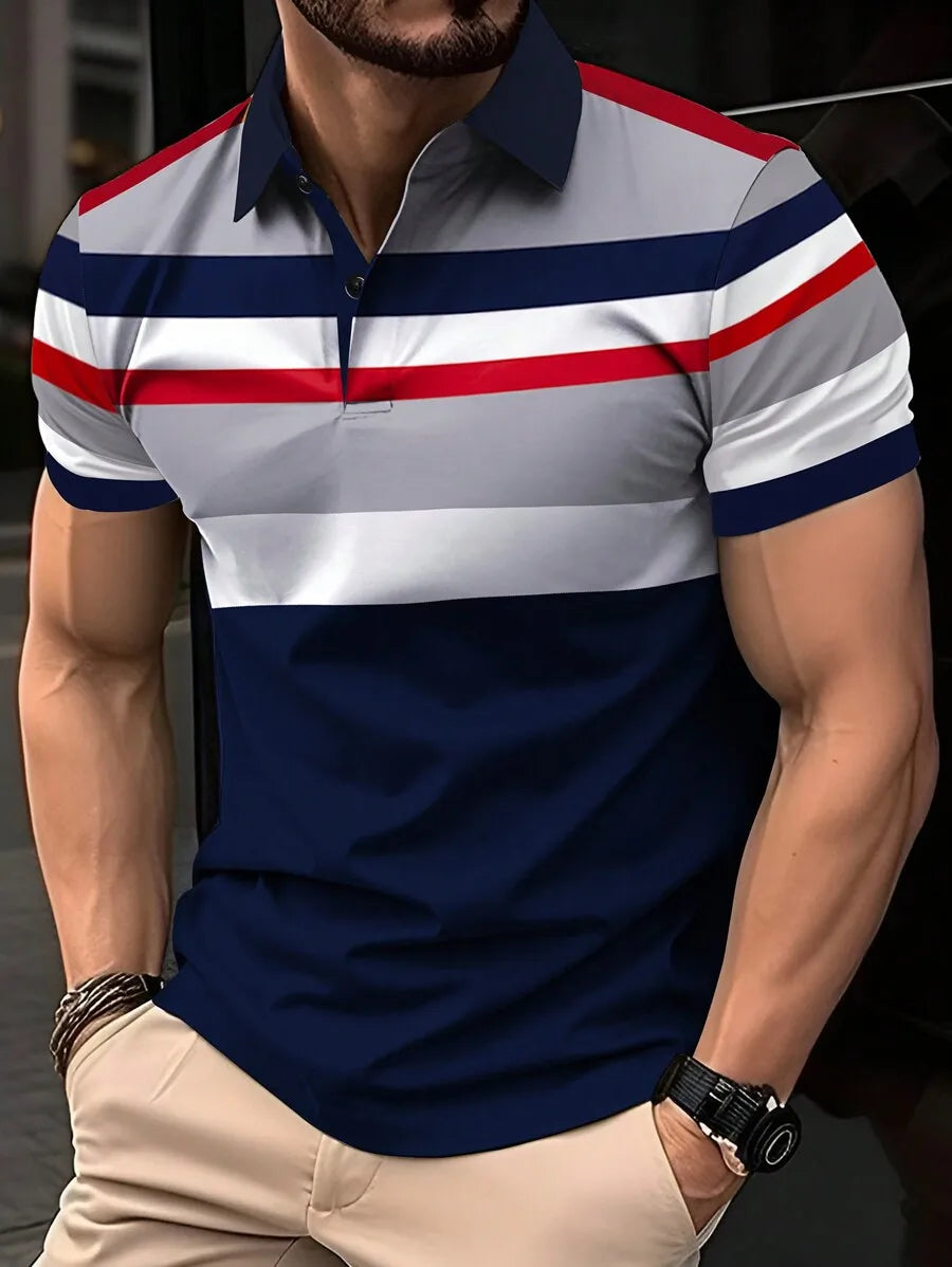 Men's Short Sleeve Striped Polo Shirt in Navy, Red, White & Gray