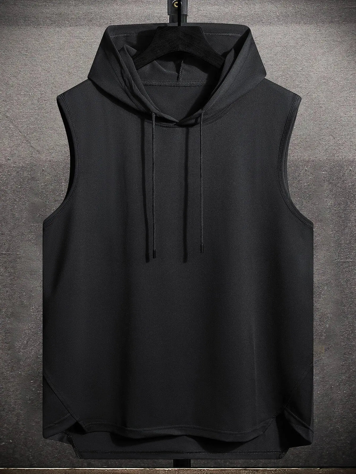 Men's Black Sleeveless Hooded Tank Top with Drawstring and High-Low Hem
