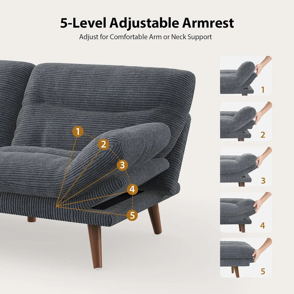 66in Corduroy Convertible Futon Sofa Bed Adjustable Backrest Armrests 3in1 Sleeper Small Space Living Office Grey Customized