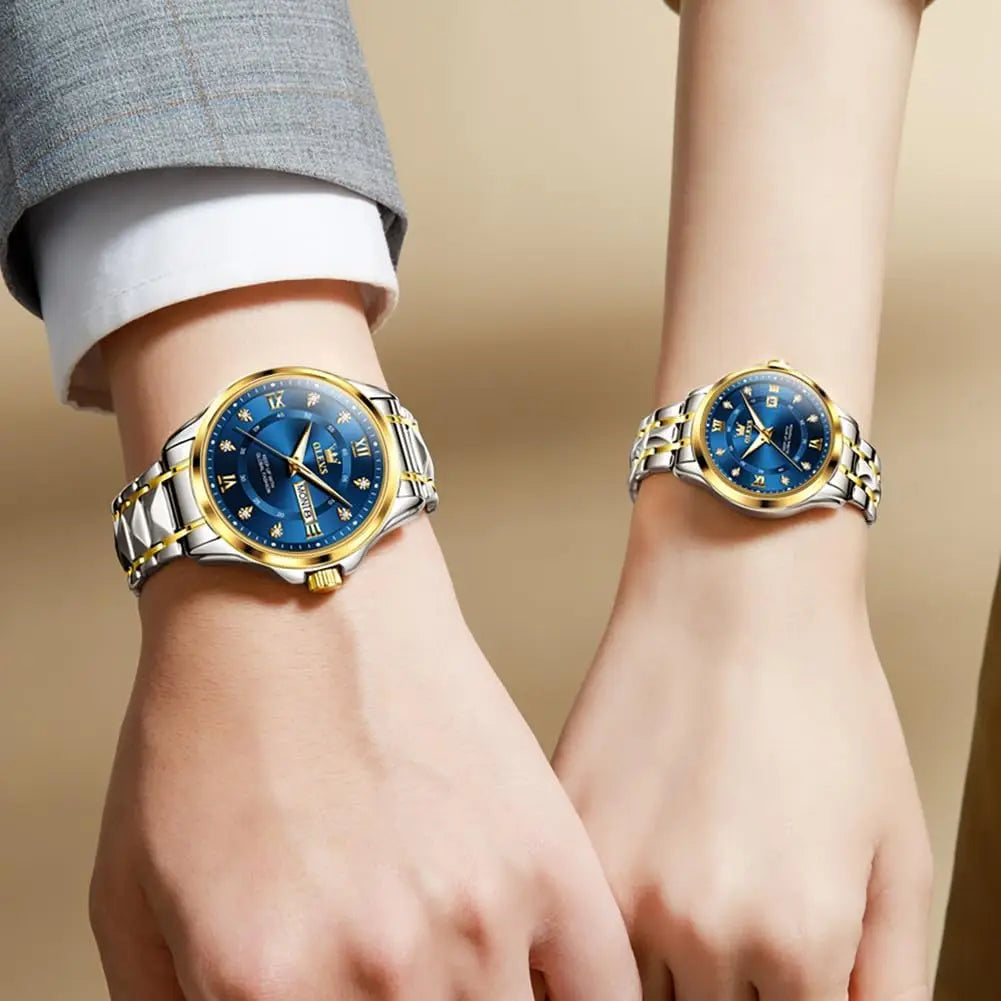 Luminous Calendar Date Waterproof Stainless Steel Couple Watch for Men and Women, Formal Casual Romantic Wedding Gift