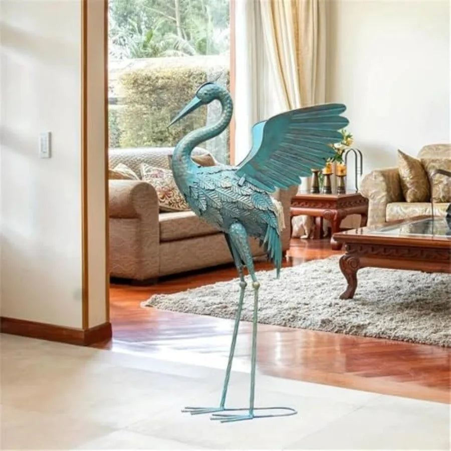 Modern Blue Metal Crane Garden Sculpture 33.37 in Height Weather-Resistant Finish Artistic Handcrafted Design Elegant Home or O