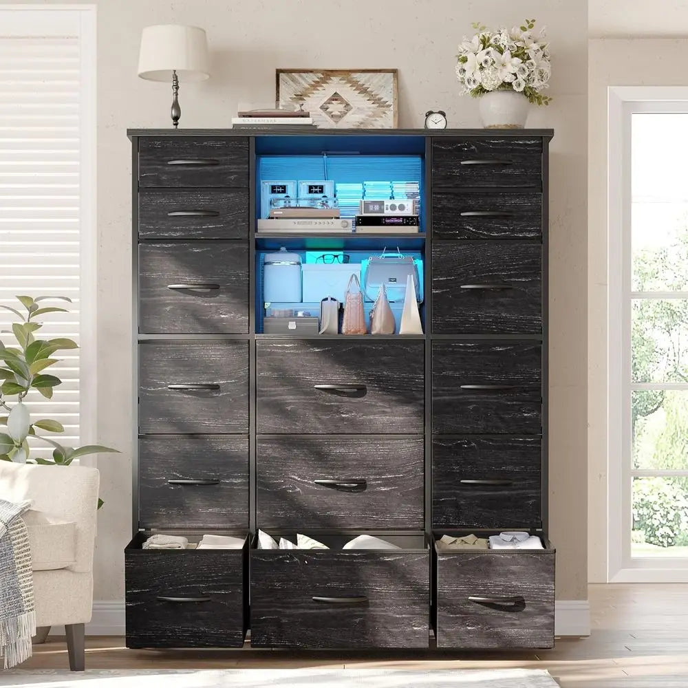 51 High Bedroom Dresser with 15 Drawers or Bedroom with Charging Station & LED Lights & Hutch Sturdy Black Bedroom Dressers, Ste