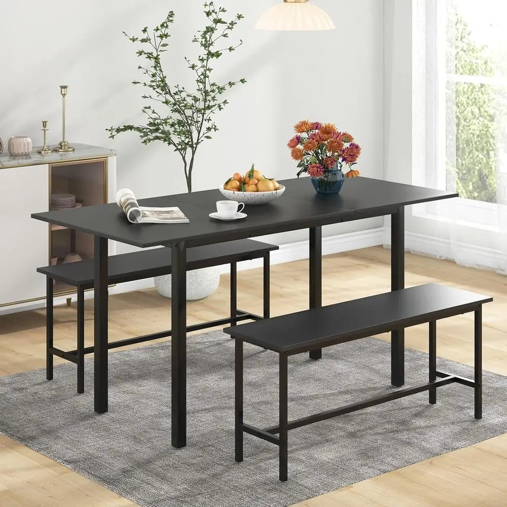 Space-Saving 63 Extendable Dining Table Set with 2 Benches for Small Spaces, Easy Clean Black Finish