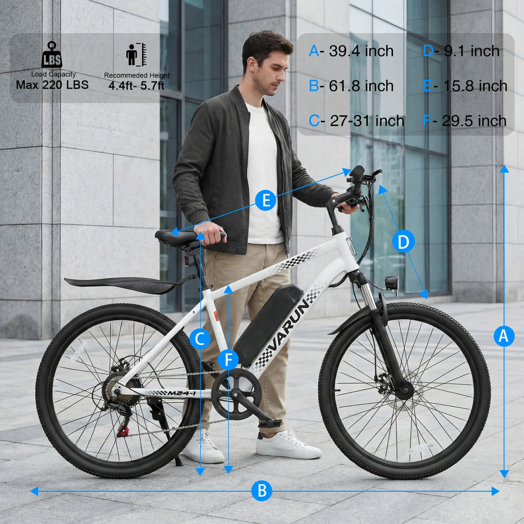 Varun M24-1 Adult Electric Bike,500W Peak Power,36V 7.8Ah Battery,24"Tire Commuter Electric Bike,20MPH,UL 2849,1 Year Warranty